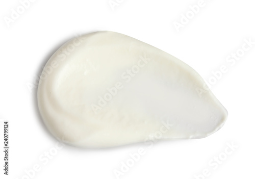 Delicious sour cream on white background, top view. Dairy product