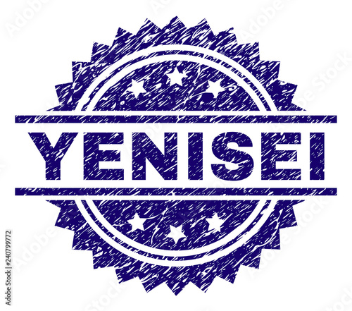 YENISEI stamp seal watermark with distress style. Blue vector rubber print of YENISEI text with unclean texture.