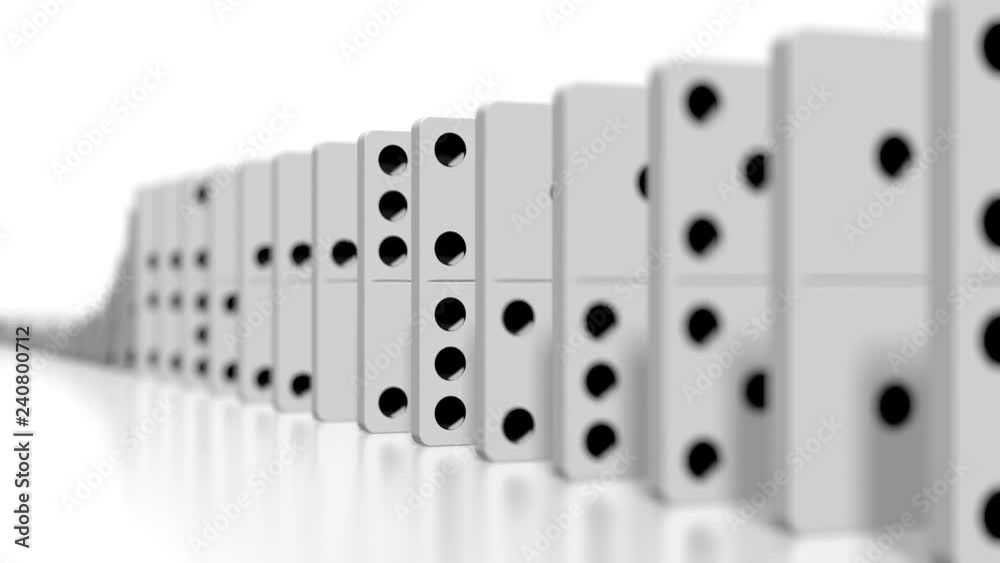 3D domino effect animation - falling white tiles with black dots.