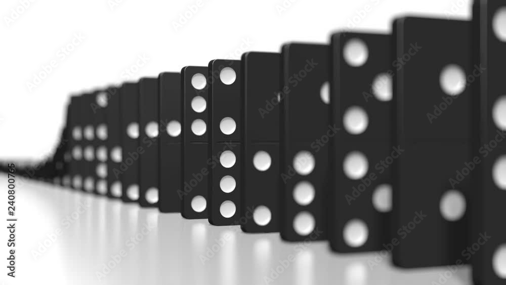 3D domino effect animation - falling black tiles with white dots.