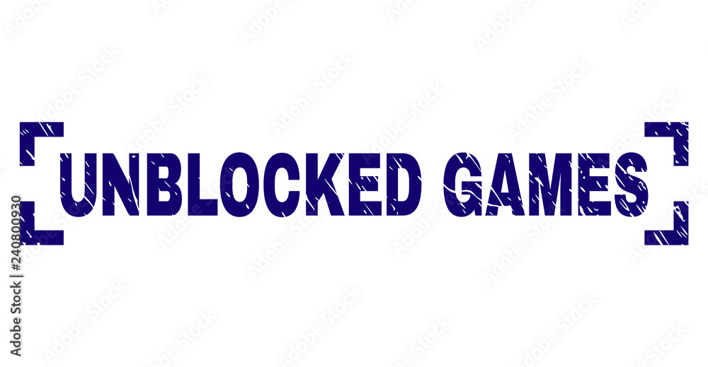 UNBLOCKED GAMES title seal print with distress texture. Text title is placed inside corners. Blue vector rubber print of UNBLOCKED GAMES with corroded texture.