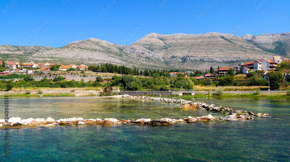 View Over Trebisnjica River and Trebinje, Bosnia and Herzegovina with The Mountains Behind