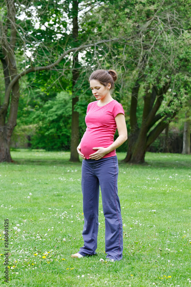 Beautiful pregnant woman exercising in the park