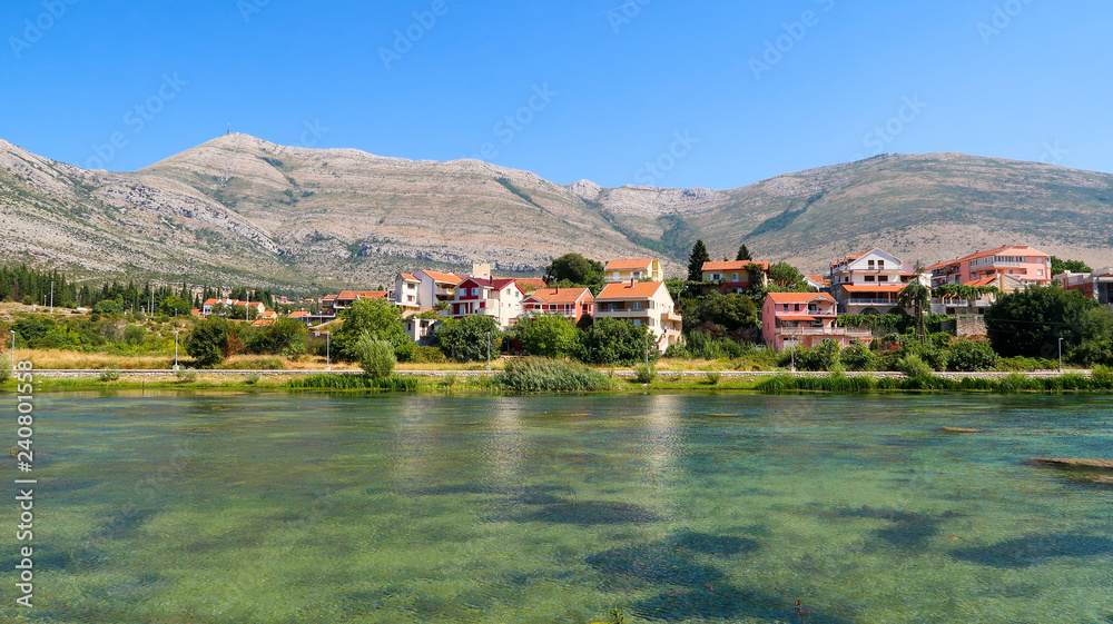 View Over Trebisnjica River and Trebinje, Bosnia and Herzegovina with The Mountains Behind