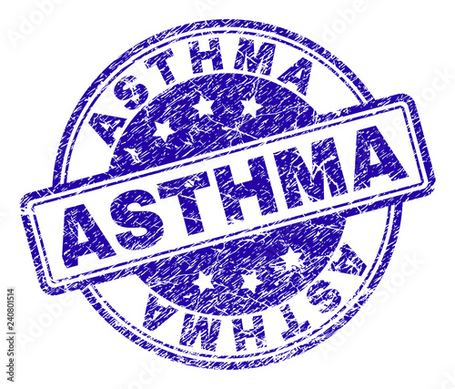 ASTHMA stamp seal watermark with grunge texture. Designed with rounded rectangles and circles. Blue vector rubber print of ASTHMA tag with grunge texture.