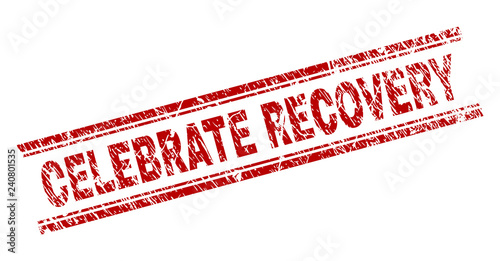 CELEBRATE RECOVERY seal imprint with grunge texture. Red vector rubber print of CELEBRATE RECOVERY tag with grunge texture. Text caption is placed between double parallel lines.