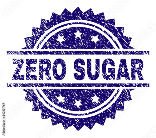 ZERO SUGAR stamp seal watermark with distress style. Blue vector rubber print of ZERO SUGAR title with scratched texture.