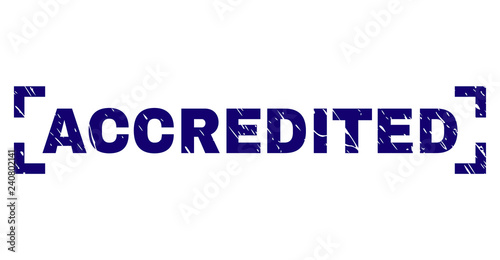 ACCREDITED caption seal print with corroded texture. Text tag is placed inside corners. Blue vector rubber print of ACCREDITED with unclean texture.