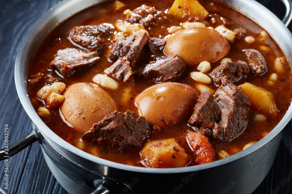 close-up of hot Traditional Jewish Cholent Hamin close-up of hot Traditional Jewish Cholent Hamin