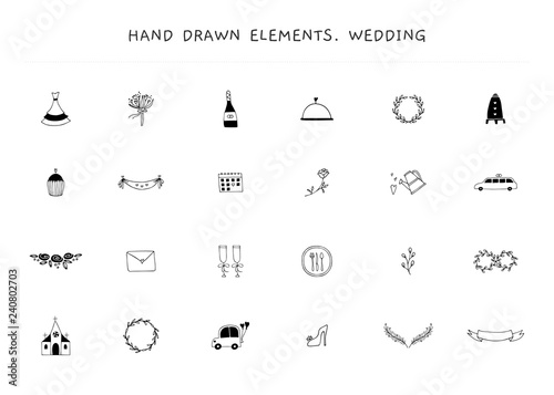 Set of wedding logo elements. Vector hand drawn objects.