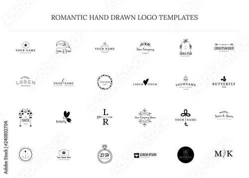 Romantic logo templates. Vector hand drawn objects.