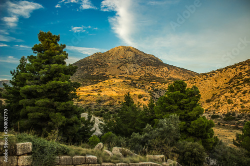 lonely mountain rock with pine trees highland natural environment in soft yellow and orange sunset evening time photo