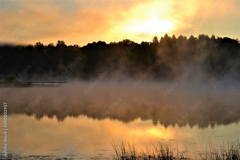 Morning Sunrise Fog Over Lake