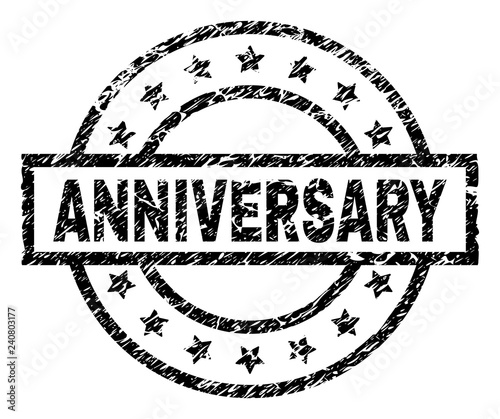 ANNIVERSARY stamp seal watermark with distress style. Designed with rectangle, circles and stars. Black vector rubber print of ANNIVERSARY title with unclean texture.