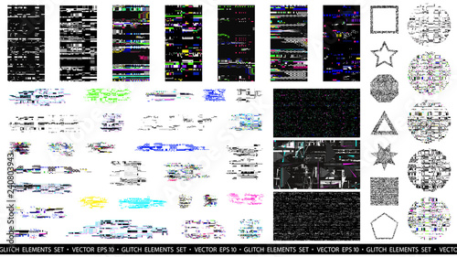 Glitch elements set. Computer screen error templates. Digital pixel noise abstract design. Poster design pixel details. Glitches collection. TV signal fail. Data decay. Technical problem grunge.