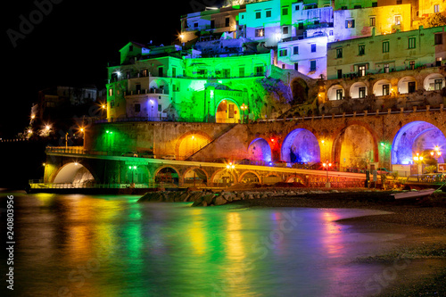 ATRANI, ITALY - DECEMBER 8, 2018: colored lights to celebrate Christmas in Atrani night, southern Italy