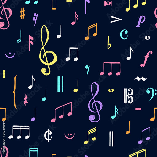 Music notes pattern. Music doodles background. Piano keys. Treble clef. Hand drawn effect vector. G-clef. Scribbles. Audio. Piano. Symphony. Song. Sing. Melody. Classic music.