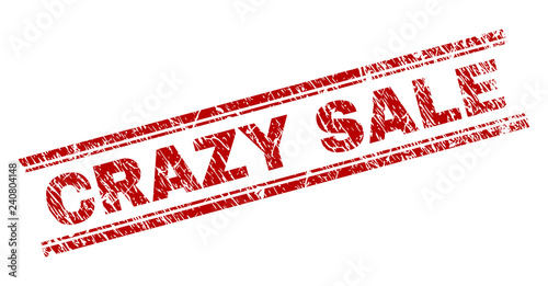 CRAZY SALE seal watermark with distress texture. Red vector rubber print of CRAZY SALE tag with unclean texture. Text tag is placed between double parallel lines.