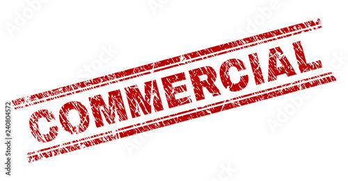 COMMERCIAL seal print with distress texture. Red vector rubber print of COMMERCIAL text with unclean texture. Text tag is placed between double parallel lines.