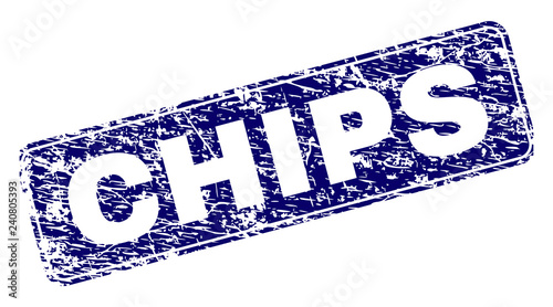 CHIPS stamp seal print with distress style. Seal shape is a rounded rectangle with frame. Blue vector rubber print of CHIPS caption with unclean style.