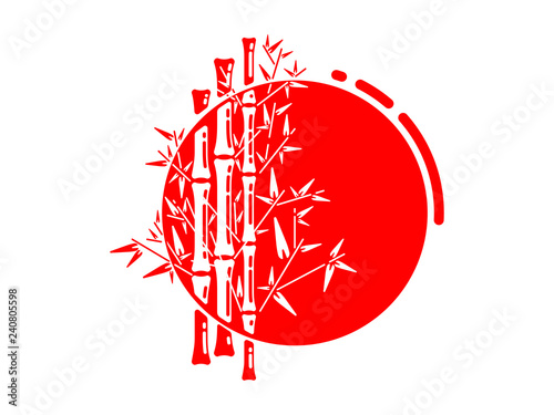 Bamboo and sun. Bamboo forest set in red on a white background. Flat vector illustration.