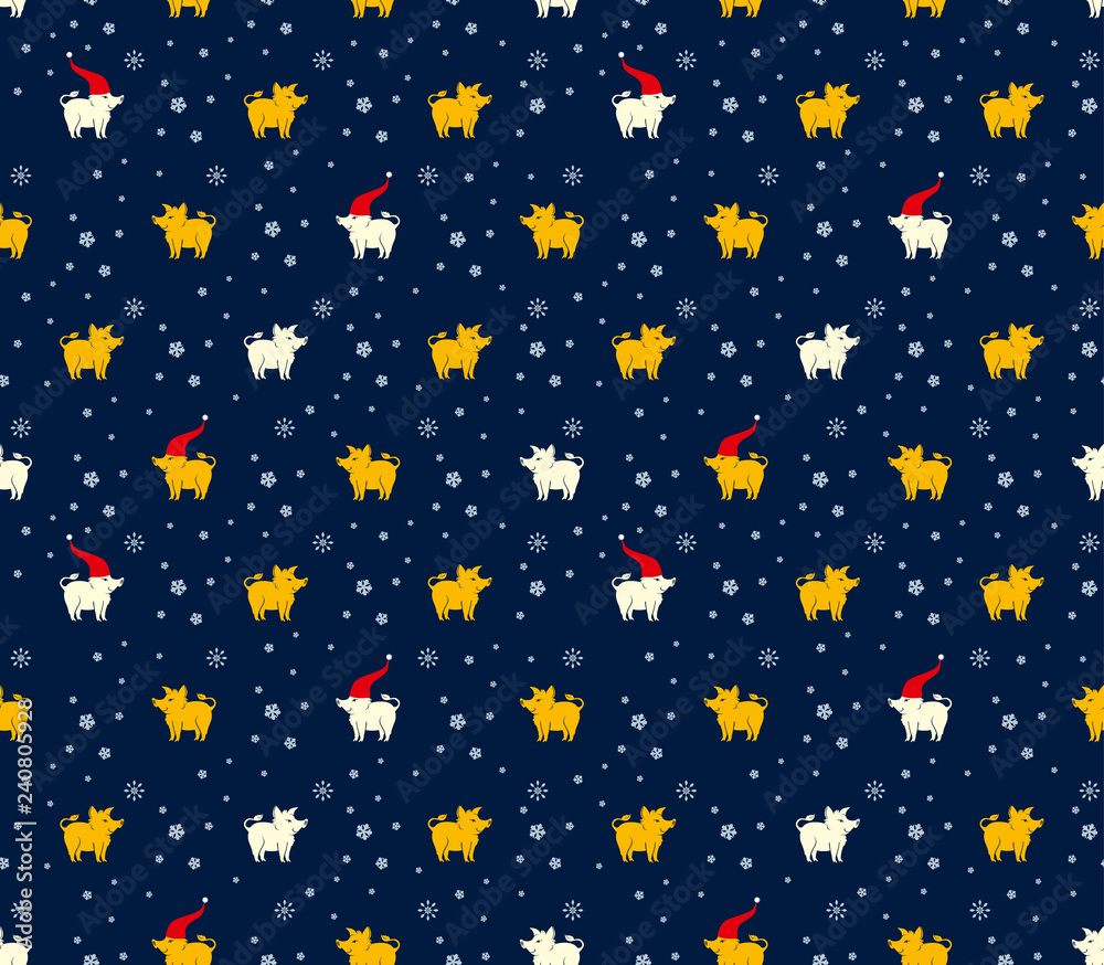 Seamless pattern of yellow and white pigs boars and snowflakes on dark blue background. Flat vector graphics for design.