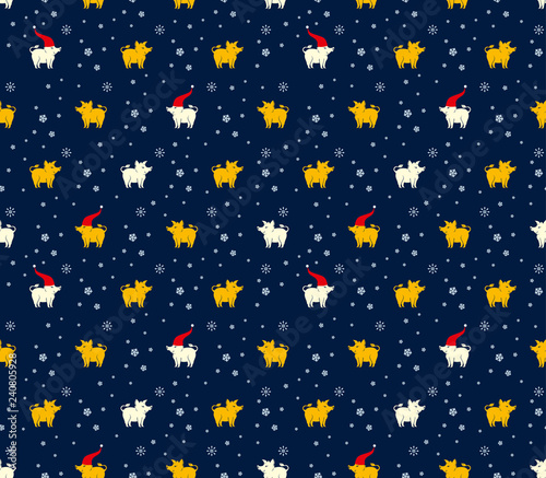 Seamless pattern of yellow and white pigs boars and snowflakes on dark blue background. Flat vector graphics for design.