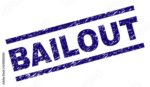 BAILOUT seal watermark with grunge style. Blue vector rubber print of BAILOUT label with grunge texture. Text title is placed between parallel lines.