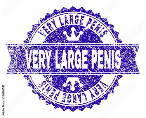 VERY LARGE PENIS rosette stamp watermark with distress style. Designed with round rosette, ribbon and small crowns. Blue vector rubber watermark of VERY LARGE PENIS caption with corroded style.