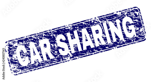 CAR SHARING stamp seal watermark with grunge style. Seal shape is a rounded rectangle with frame. Blue vector rubber print of CAR SHARING title with grunge style.