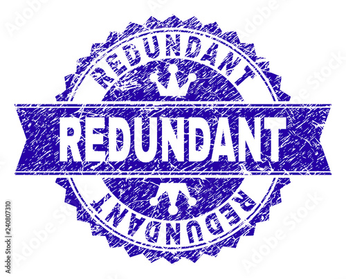 REDUNDANT rosette seal watermark with grunge style. Designed with round rosette, ribbon and small crowns. Blue vector rubber watermark of REDUNDANT caption with grunge texture.