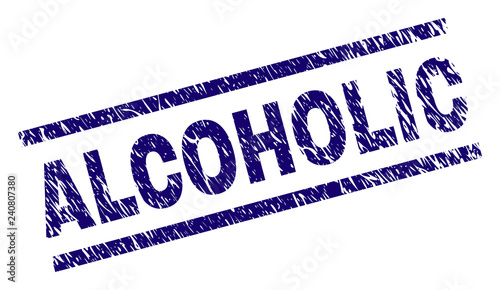 ALCOHOLIC seal print with scratced style. Blue vector rubber print of ALCOHOLIC label with retro texture. Text label is placed between parallel lines.