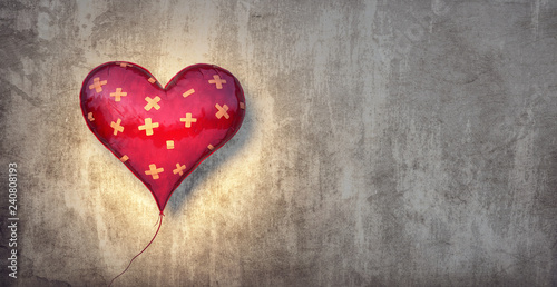 Red balloon in shape of a heart with medic patches on grungy vintage wall Valentines background 3D Rendering