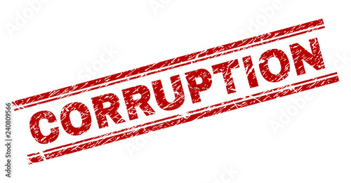 CORRUPTION seal print with distress style. Red vector rubber print of CORRUPTION text with unclean texture. Text title is placed between double parallel lines.
