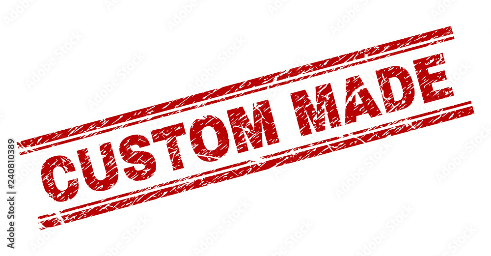 CUSTOM MADE seal print with corroded style. Red vector rubber print of CUSTOM MADE tag with corroded texture. Text label is placed between double parallel lines.