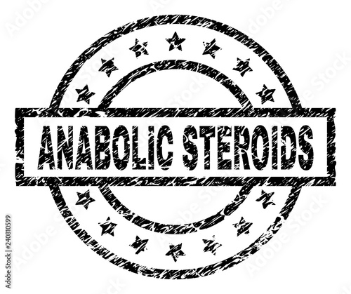 ANABOLIC STEROIDS stamp seal watermark with distress style. Designed with rectangle, circles and stars. Black vector rubber print of ANABOLIC STEROIDS title with corroded texture.