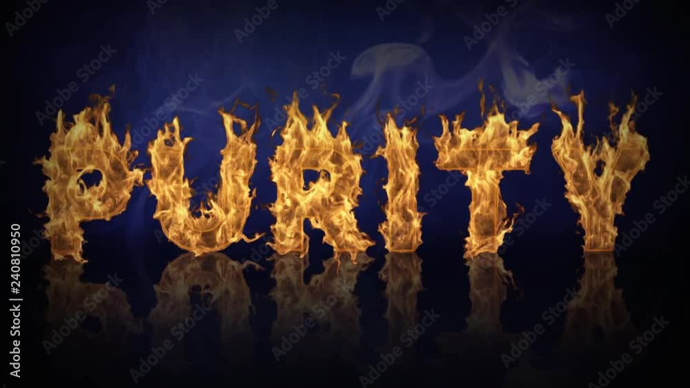Flaming Purity Reflection features the word purity animating on the screen in flames with a blue smoky background atmosphere and a reflective surface