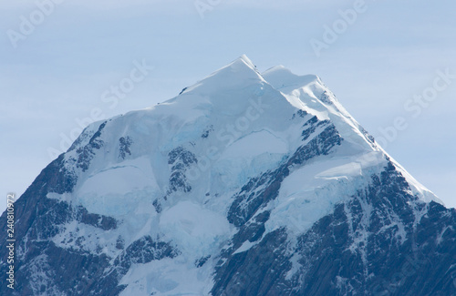 The peak of Aoraki / Mt. Cook covered in snow in the South Island in New Zealand