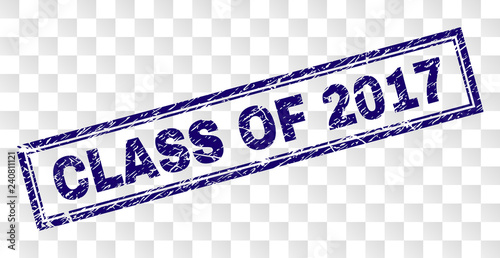 CLASS OF 2017 stamp seal print with rubber print style and double framed rectangle shape. Stamp is placed on a transparent background.
