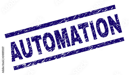 AUTOMATION seal print with scratced style. Blue vector rubber print of AUTOMATION tag with unclean texture. Text tag is placed between parallel lines.