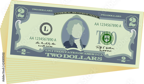 Bunch of 2 US dollar banknote