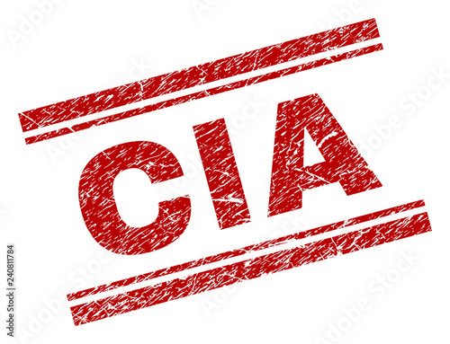CIA seal print with distress texture. Red vector rubber print of CIA label with dirty texture. Text label is placed between double parallel lines.