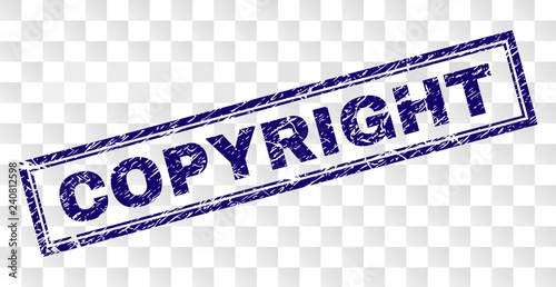 COPYRIGHT stamp seal print with grunge style and double framed rectangle shape. Stamp is placed on a transparent background. Blue vector rubber print of COPYRIGHT caption with dust texture.