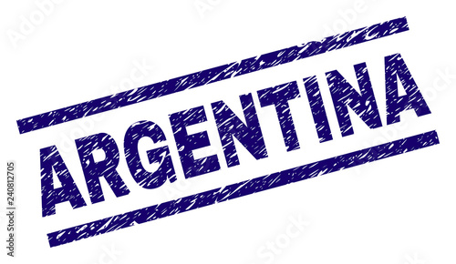 ARGENTINA seal watermark with grunge style. Blue vector rubber print of ARGENTINA text with dust texture. Text caption is placed between parallel lines.