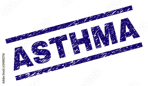 ASTHMA seal print with scratced style. Blue vector rubber print of ASTHMA text with dust texture. Text label is placed between parallel lines.