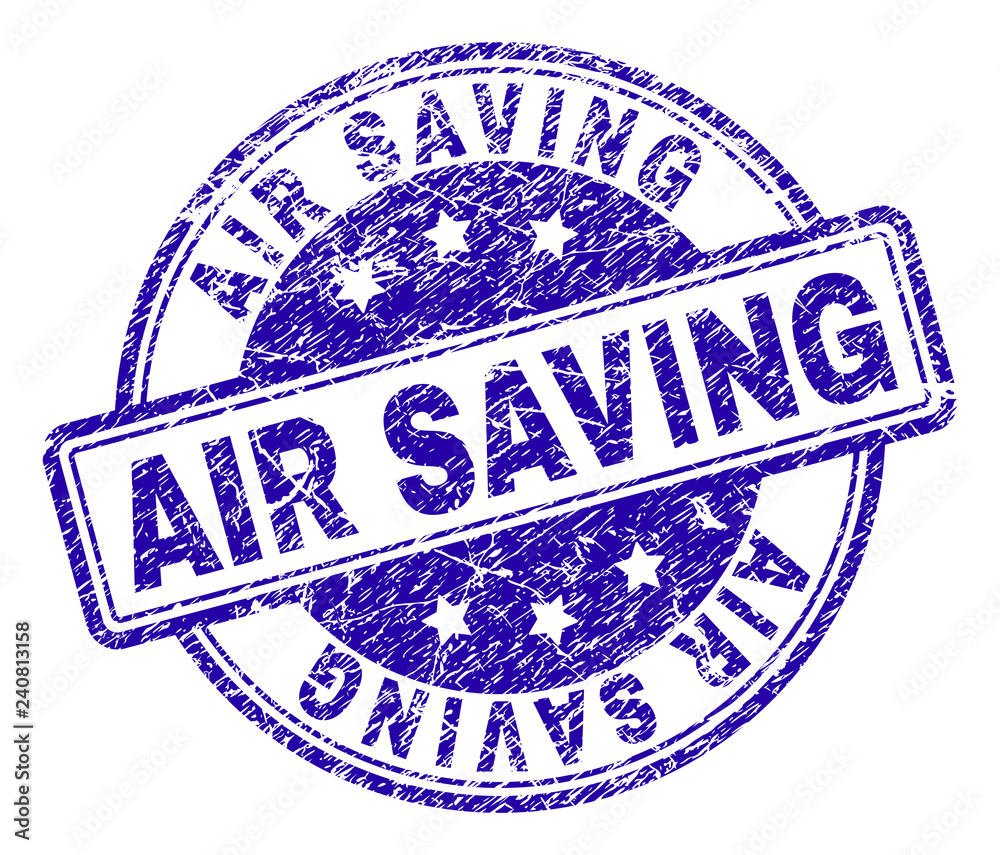 AIR SAVING stamp seal imprint with grunge texture. Designed with rounded rectangles and circles. Blue vector rubber print of AIR SAVING label with grunge texture.