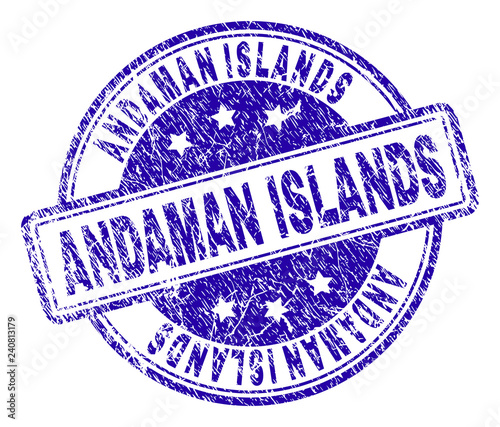 ANDAMAN ISLANDS stamp seal imprint with grunge texture. Designed with rounded rectangles and circles. Blue vector rubber print of ANDAMAN ISLANDS caption with grunge texture.