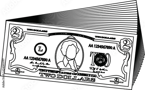Bunch of 2 US dollar banknote outline