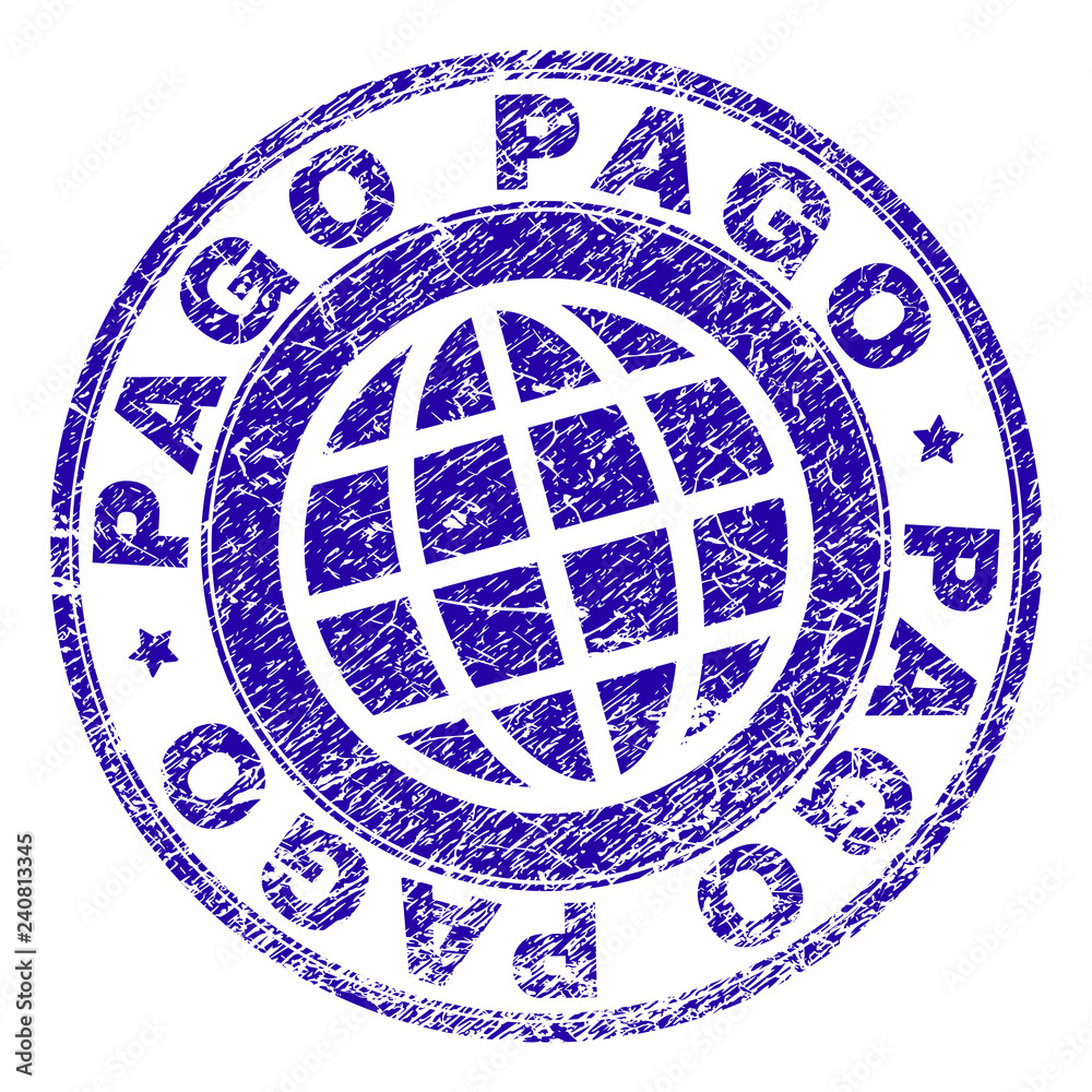 PAGO stamp imprint with distress texture. Blue vector rubber seal imprint of PAGO tag with retro texture. Seal has words arranged by circle and planet symbol.
