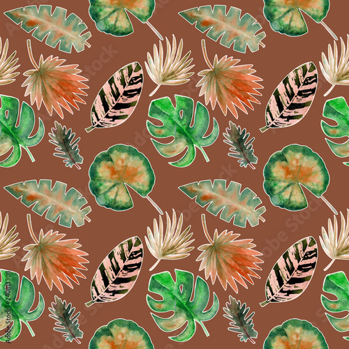 Seamless pattern. Tropical leaves watercolor background.. Tropical leaves watercolor background. Flower illustrations.